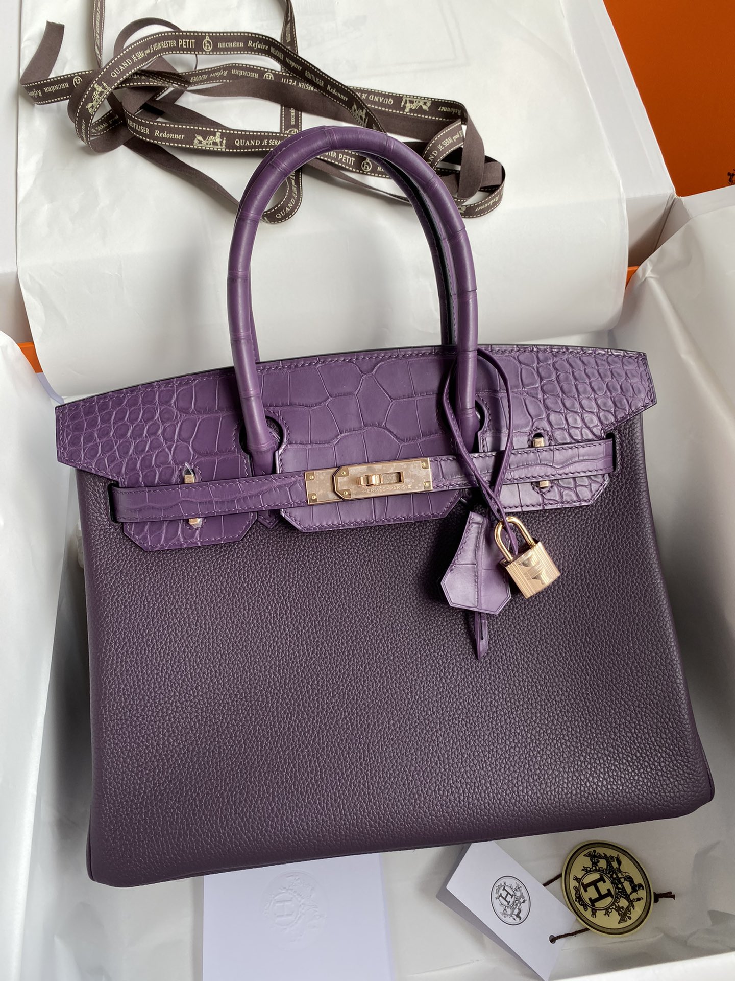 Hermes Touch Birkin 30CM Handbag In Purple Clemence and Matte Alligator Crocodile Skin